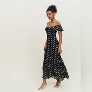 Reformation | Butterfly Dress in Bettie Black polka dot Sz 2 midi party vacation